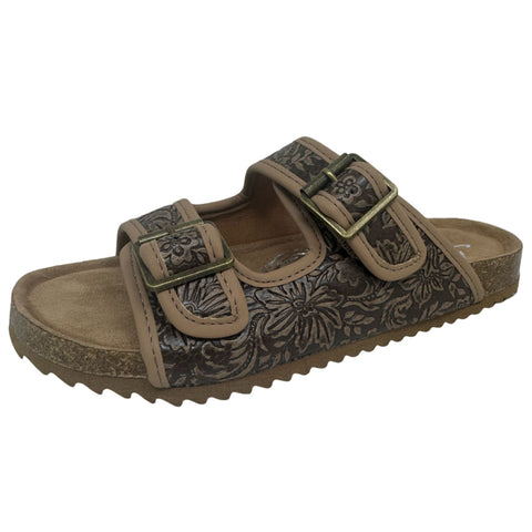 Brown Floral Tooled Double Strap Sandal