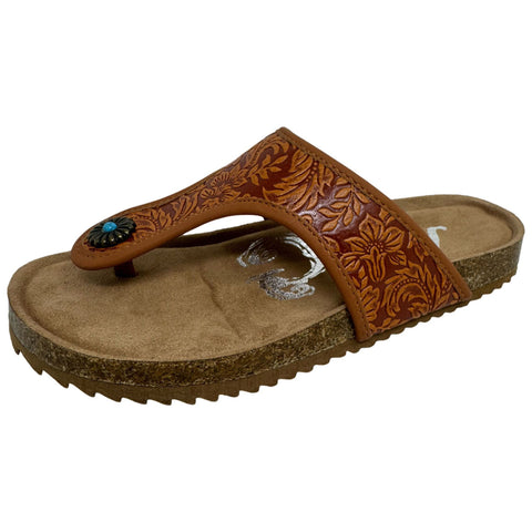 Rust Floral Tooled T-Strap Sandals with a Concho