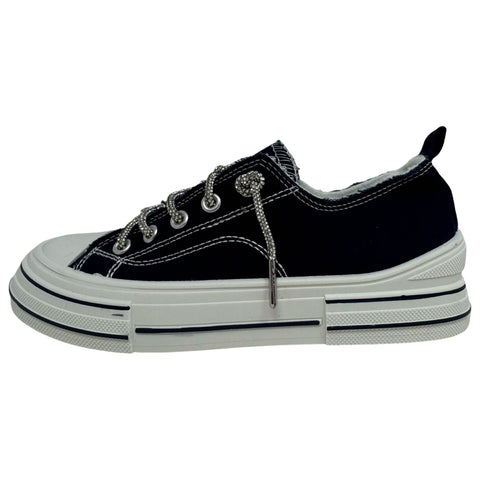 Black Tennis Shoes with Sparkle Laces and a Black and White Outsole