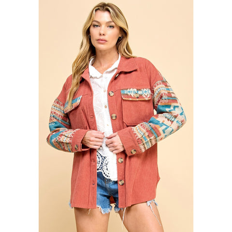 Veveret Women's Rust & Aztec Combo Shacket