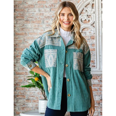 Veveret Women's Teal Corduroy Aztec Shacket