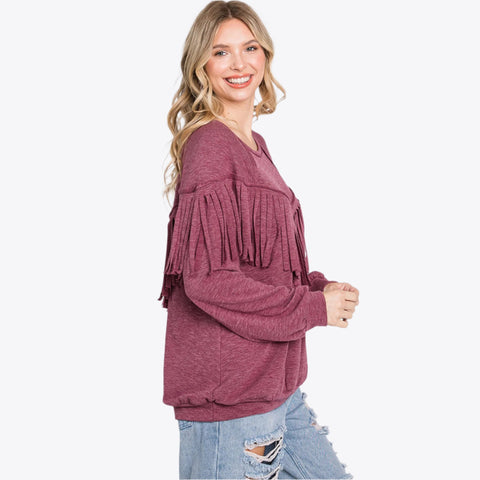 burgundy colored fringe sweatshirt