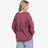 Back of burgundy fringe sweatshirt