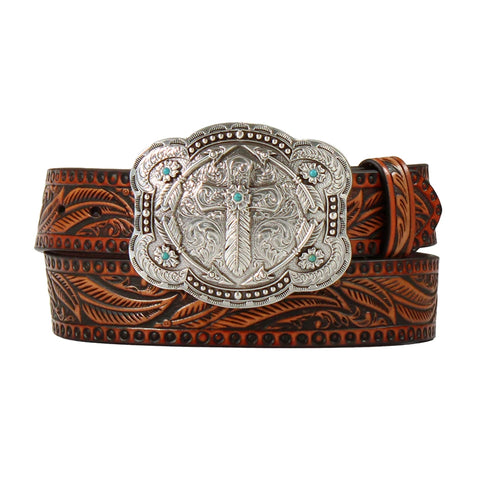 Feather Tooled Tan Leather Belt with Siver & Turquoise Buckle detailing