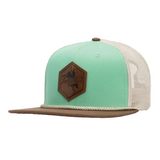 Light Turquoise & Tan with Mesh Snap back with Leather Lane Frost Logo Patch. 