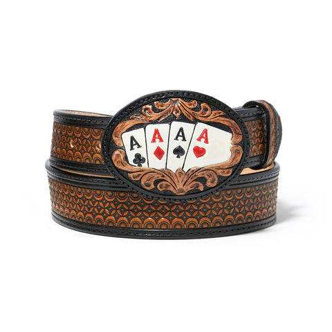 Brown and Black Tooled Belt with an Oval Four Aces Buckle