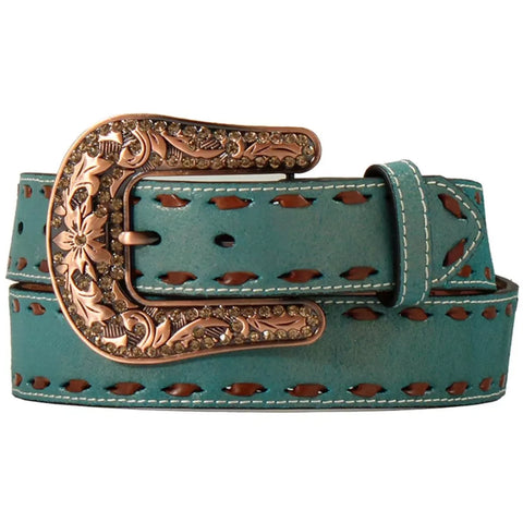 Turquoise Leather Belt with Choclate buck stitch & copper finish buckle.