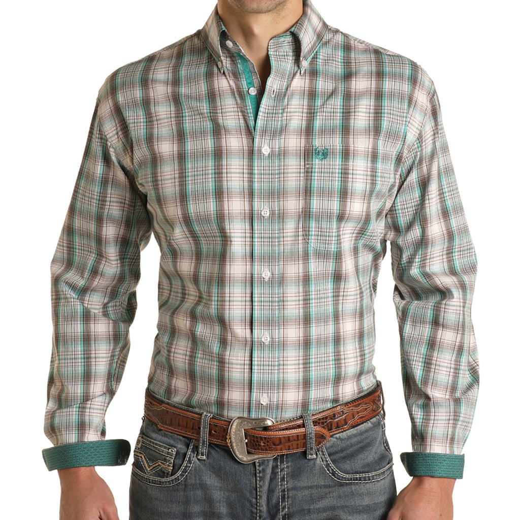 Rock & Roll Men's Turq/Brown Plaid Long Sleeve