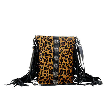 Hairon Leopard Print Shoulder Bag with Conchos and Fringe 