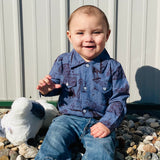 Blue Shirt with Farm Buildings and Animals