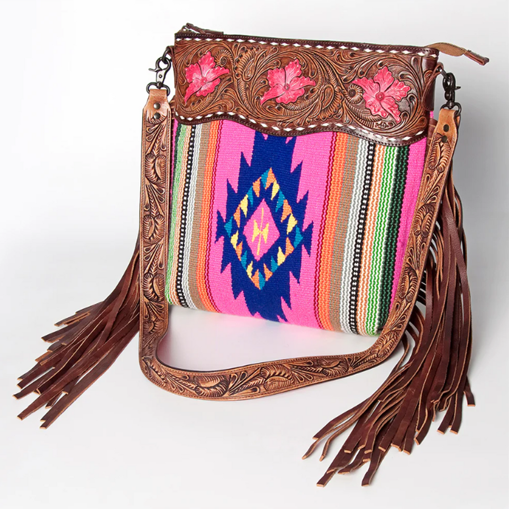 American Darling Pink Multi Color Aztec Saddle Blanket Floral Tooled F